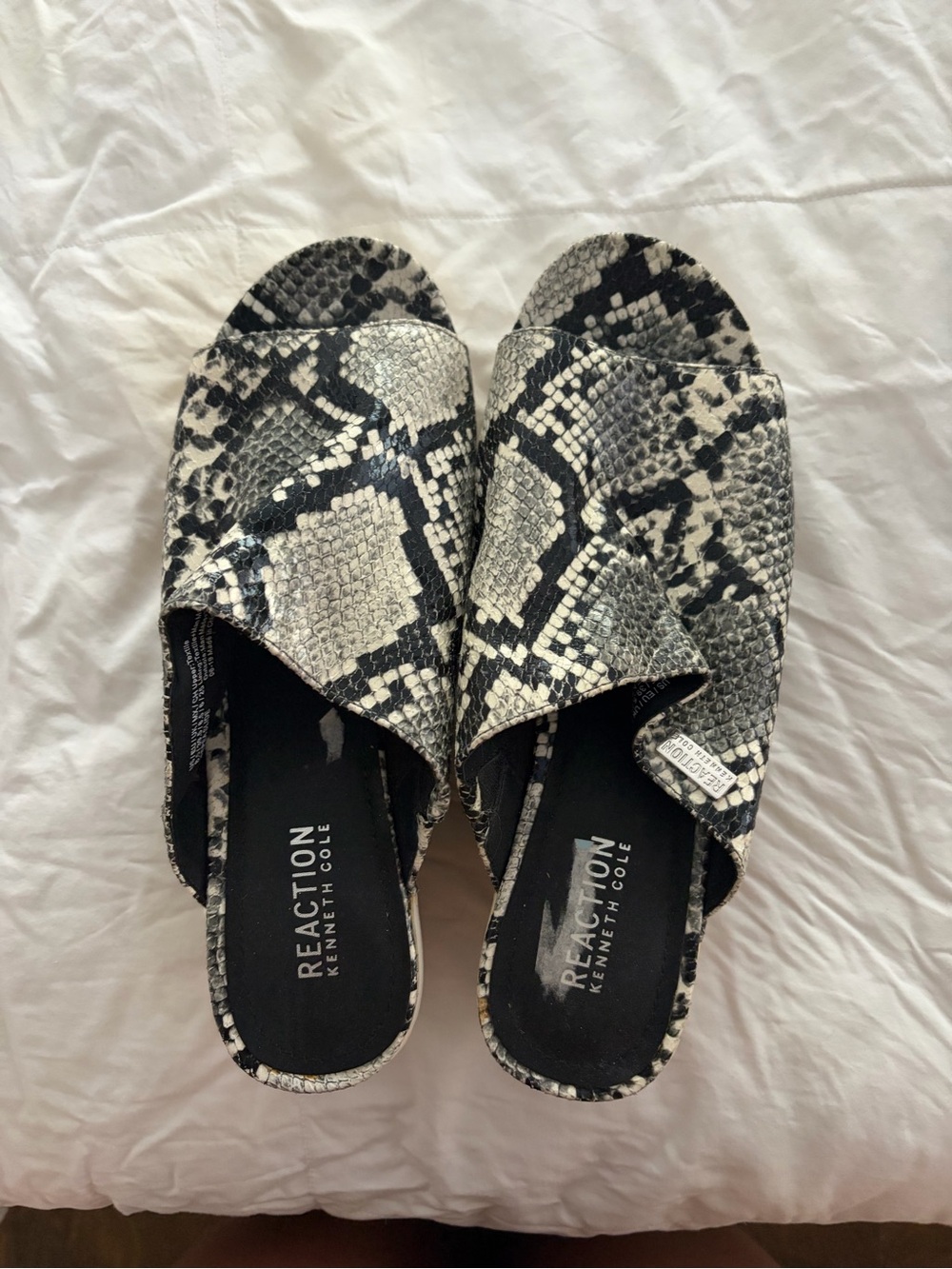 Kenneth Cole Reaction Snake-Print Slide Mules in Black and White